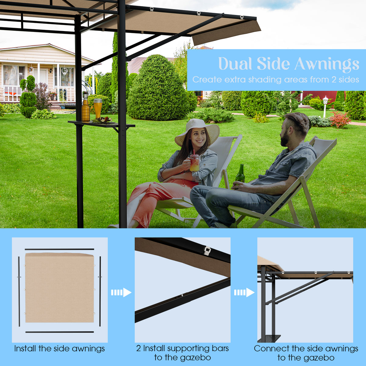 13.5 x 4 Feet Patio BBQ Grill Gazebo Canopy with Dual Side Awnings-Beige-Gazebos-DECOROLALA