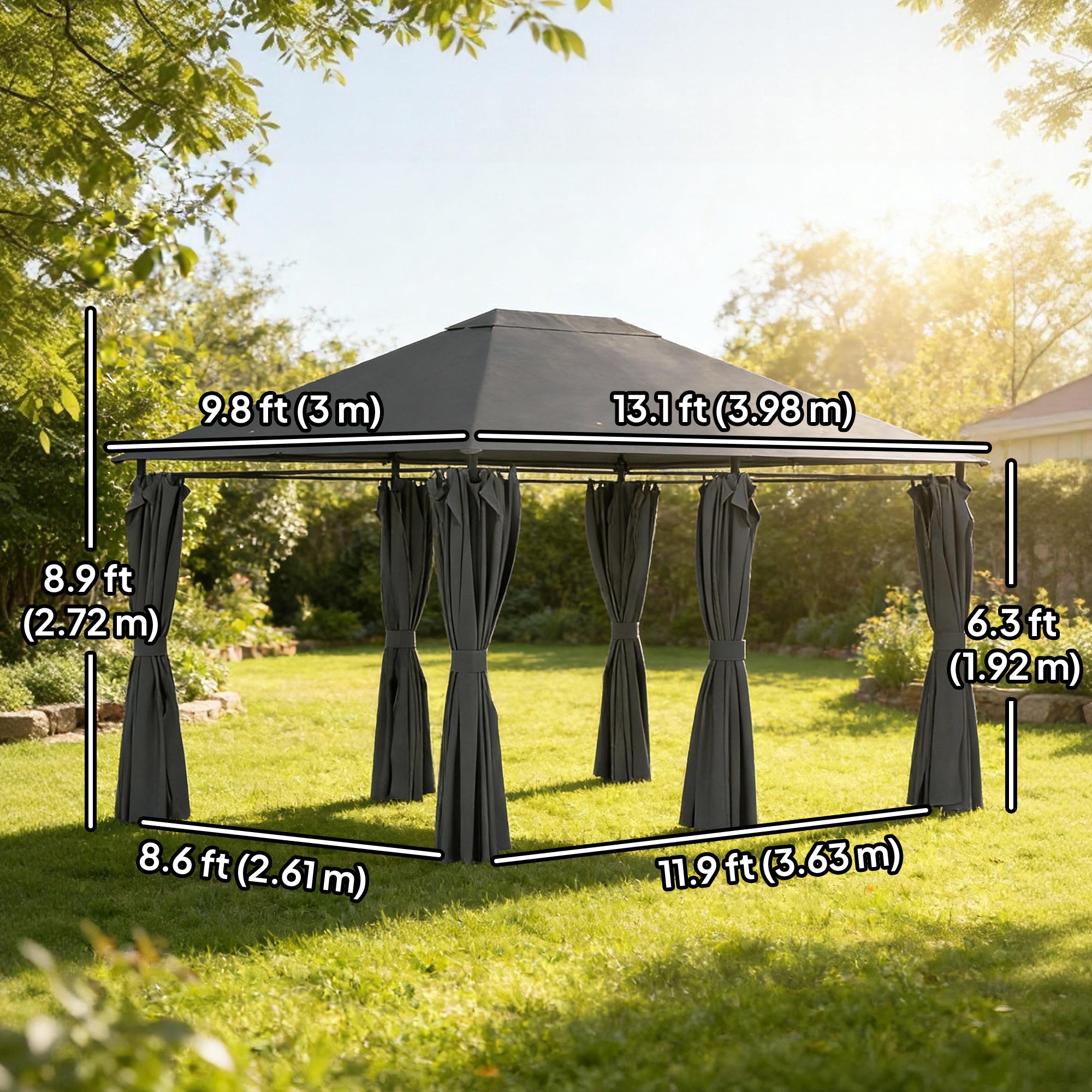 13'x 10' Soft-top Steel Patio Gazebo Canopy Party Tent with 6 Removable Curtains and Drainage Holes, Dark Grey-DECOROLALA