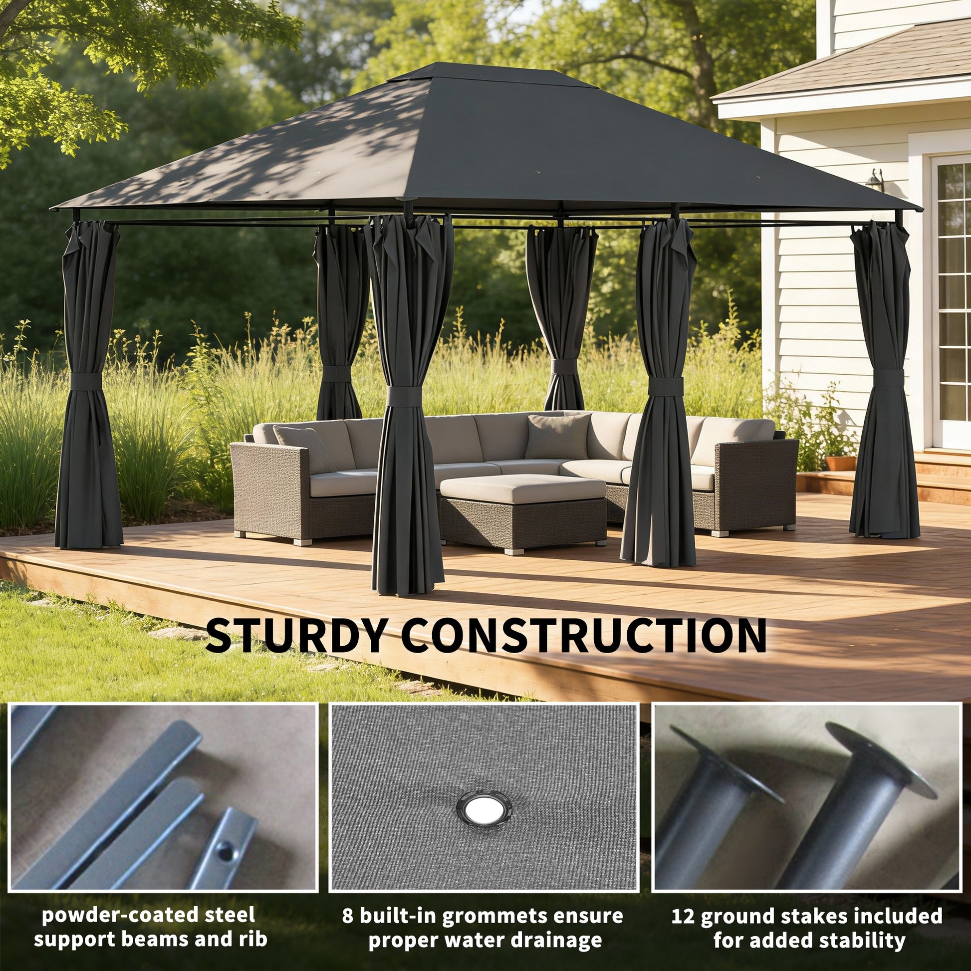 13'x 10' Soft-top Steel Patio Gazebo Canopy Party Tent with 6 Removable Curtains and Drainage Holes, Dark Grey-DECOROLALA