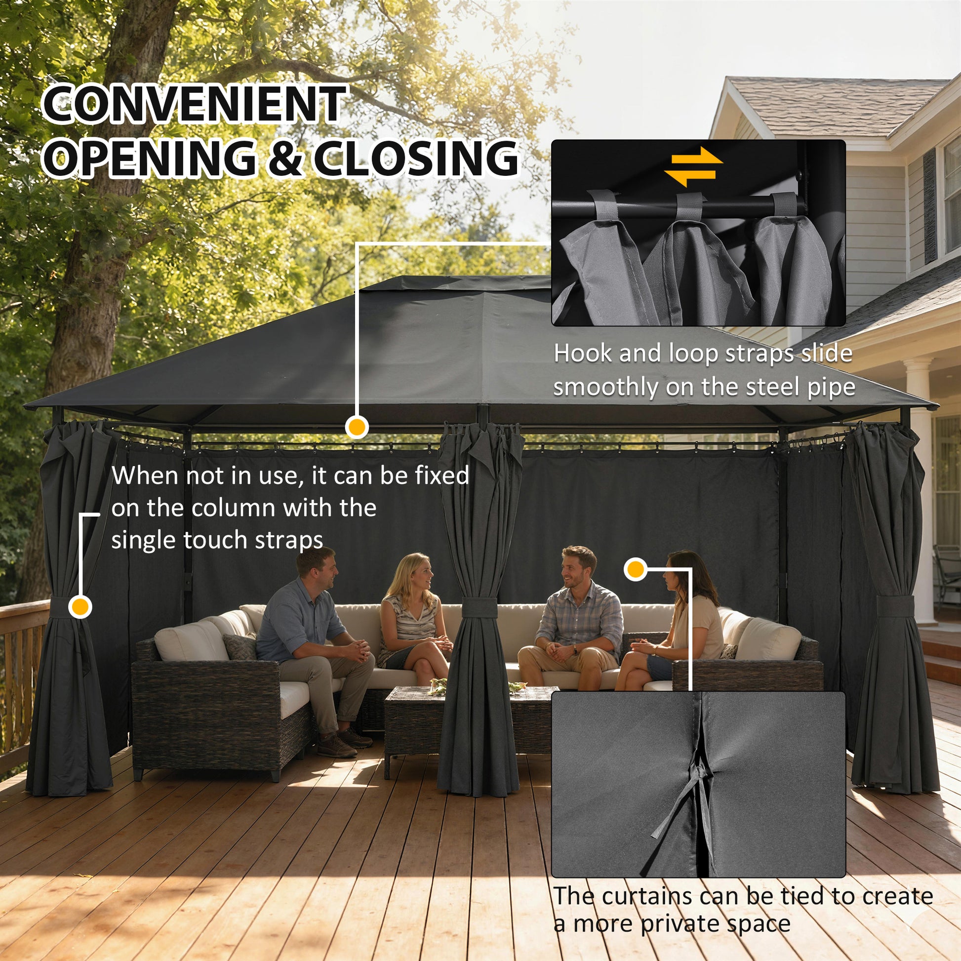 13'x 10' Soft-top Steel Patio Gazebo Canopy Party Tent with 6 Removable Curtains and Drainage Holes, Dark Grey-DECOROLALA