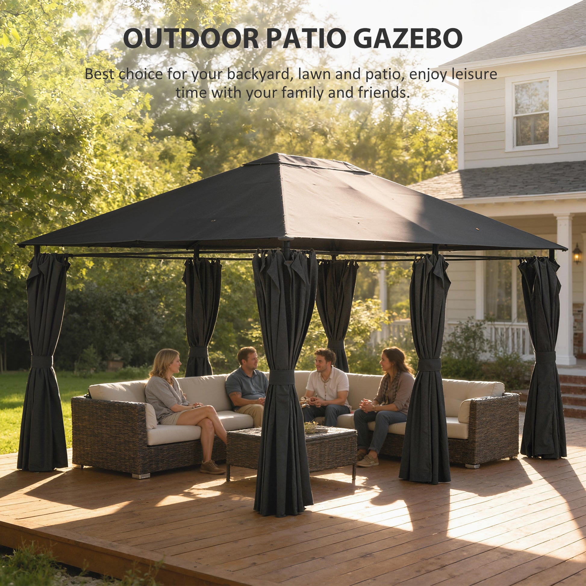 13'x 10' Soft-top Steel Patio Gazebo Canopy Party Tent with 6 Removable Curtains and Drainage Holes, Dark Grey-DECOROLALA