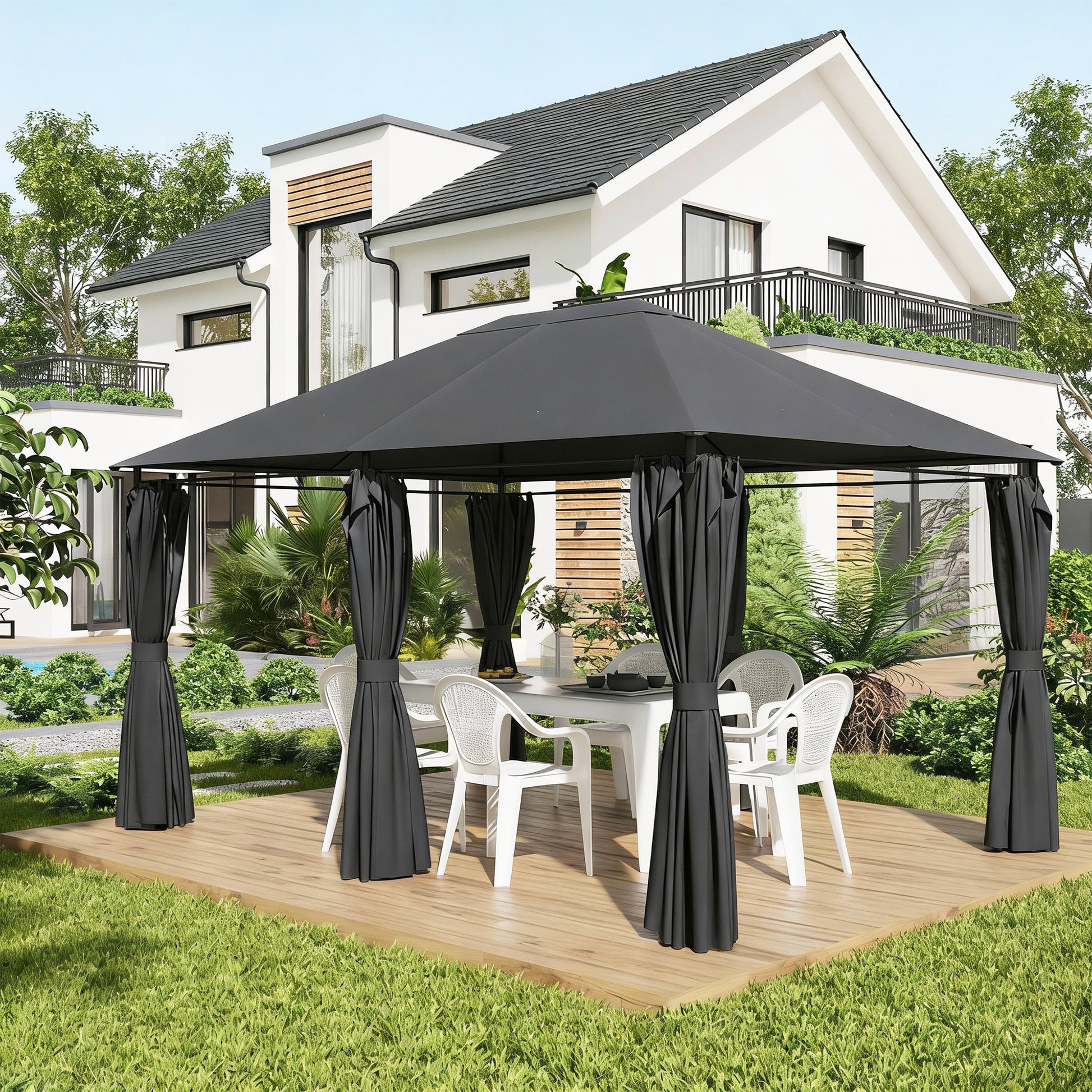 13'x 10' Soft-top Steel Patio Gazebo Canopy Party Tent with 6 Removable Curtains and Drainage Holes, Dark Grey-DECOROLALA