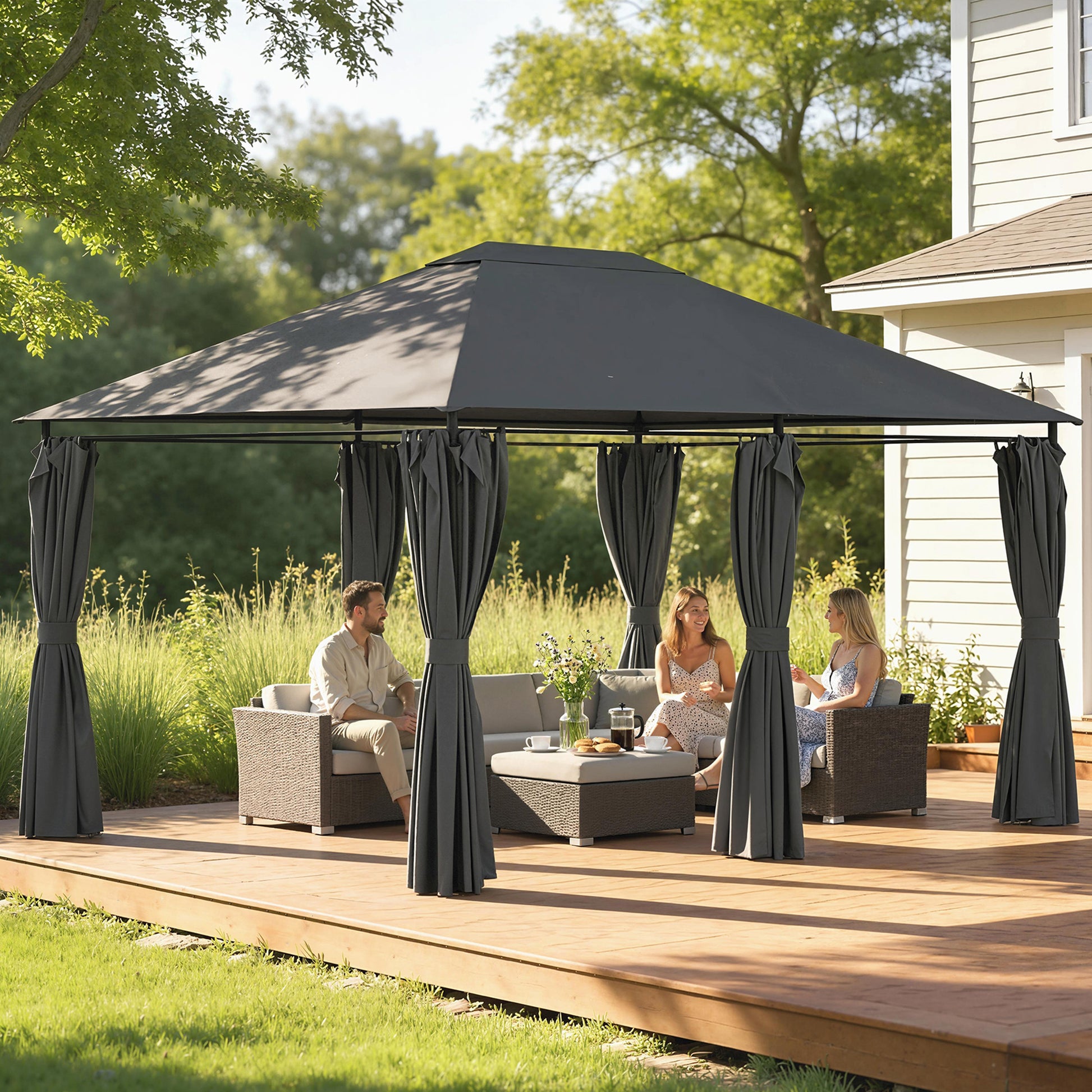 13'x 10' Soft-top Steel Patio Gazebo Canopy Party Tent with 6 Removable Curtains and Drainage Holes, Dark Grey-DECOROLALA