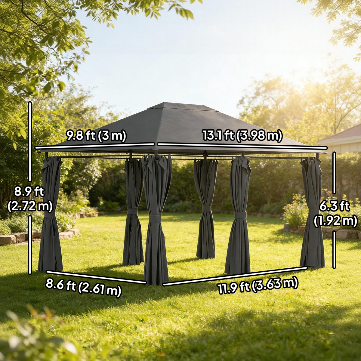 13'x 10' Soft-top Steel Patio Gazebo Canopy Party Tent with 6 Removable Curtains and Drainage Holes, Dark Grey-Canopy Tents-DECOROLALA