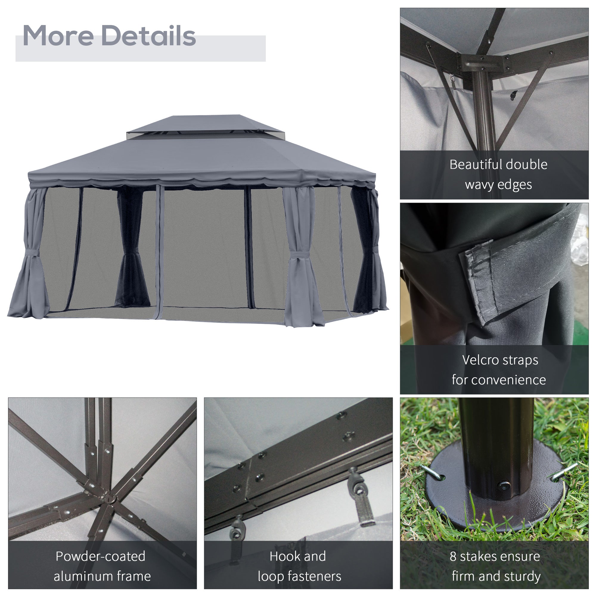 13'x10' Patio Gazebo - Dark Grey Aluminum Canopy Shelter with Netting-DECOROLALA