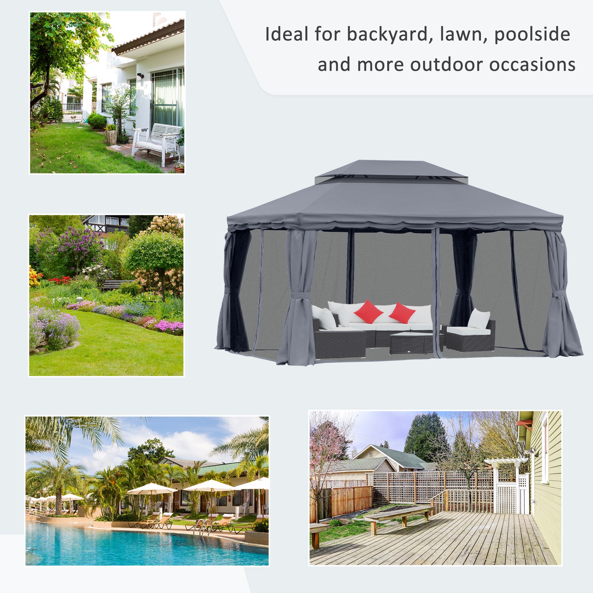 13'x10' Patio Gazebo - Dark Grey Aluminum Canopy Shelter with Netting-DECOROLALA