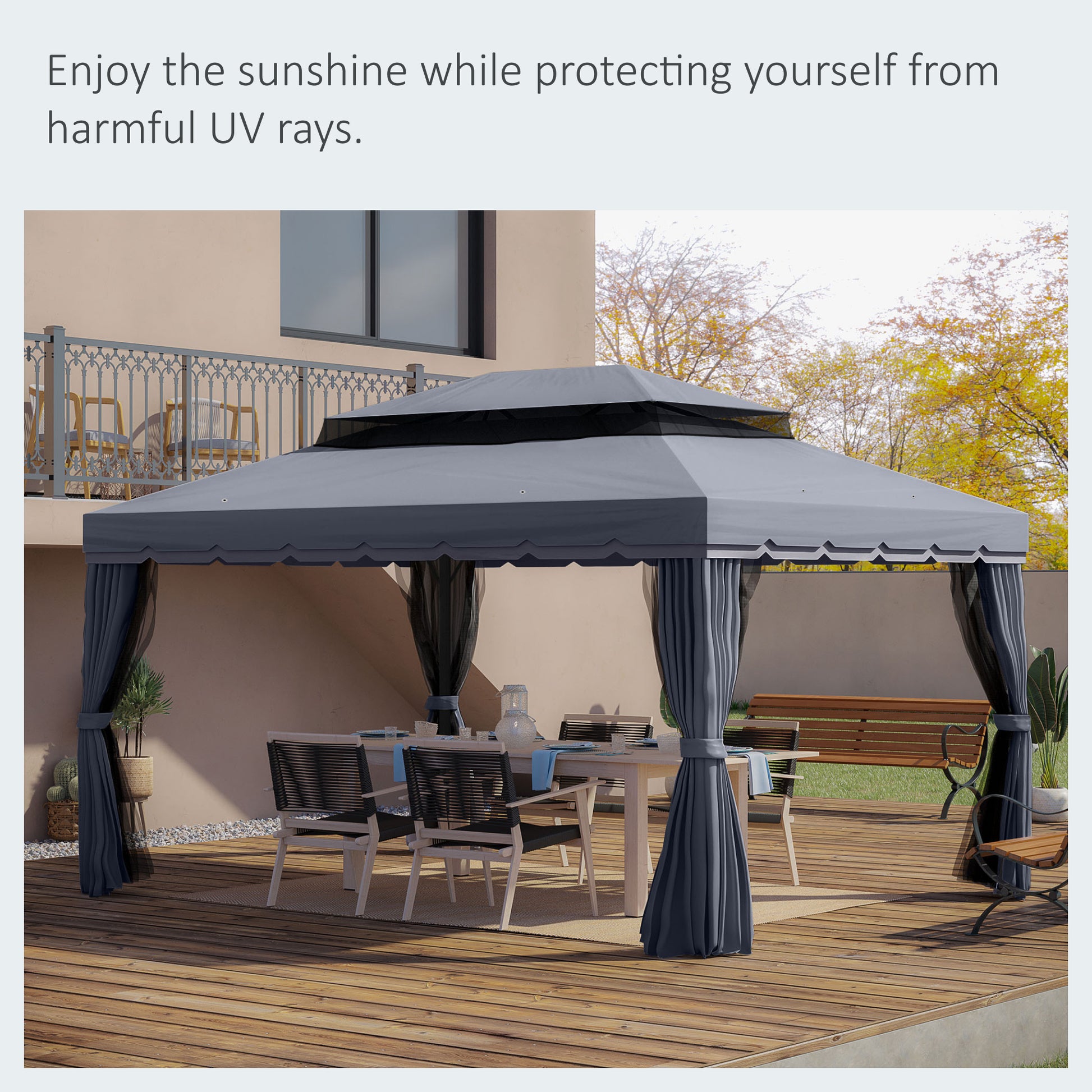 13'x10' Patio Gazebo - Dark Grey Aluminum Canopy Shelter with Netting-DECOROLALA