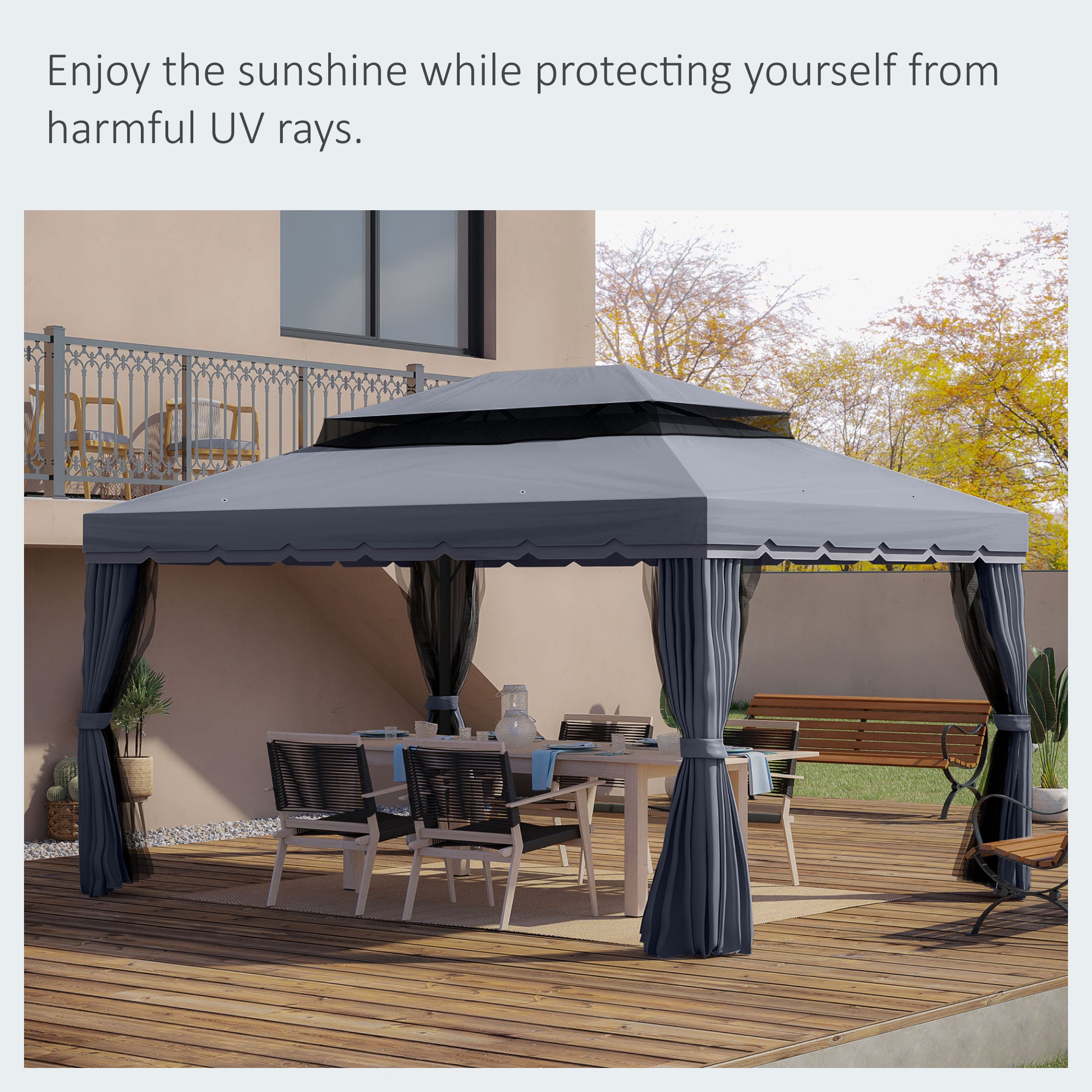 13'x10' Patio Gazebo - Dark Grey Aluminum Canopy Shelter with Netting-DECOROLALA