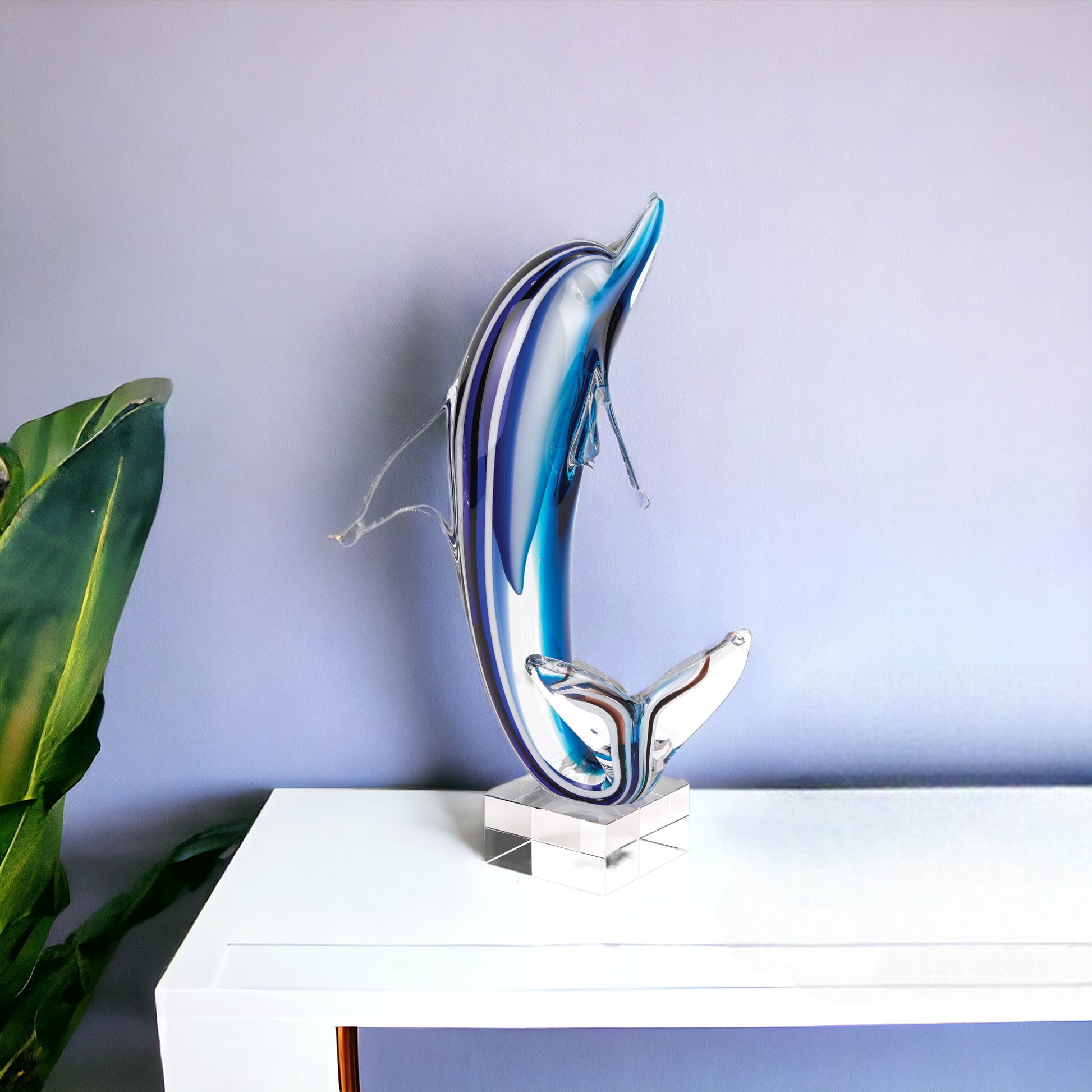 14" Blue Murano Glass Dolphin Figurine Tabletop Sculpture-Sculptures-DECOROLALA