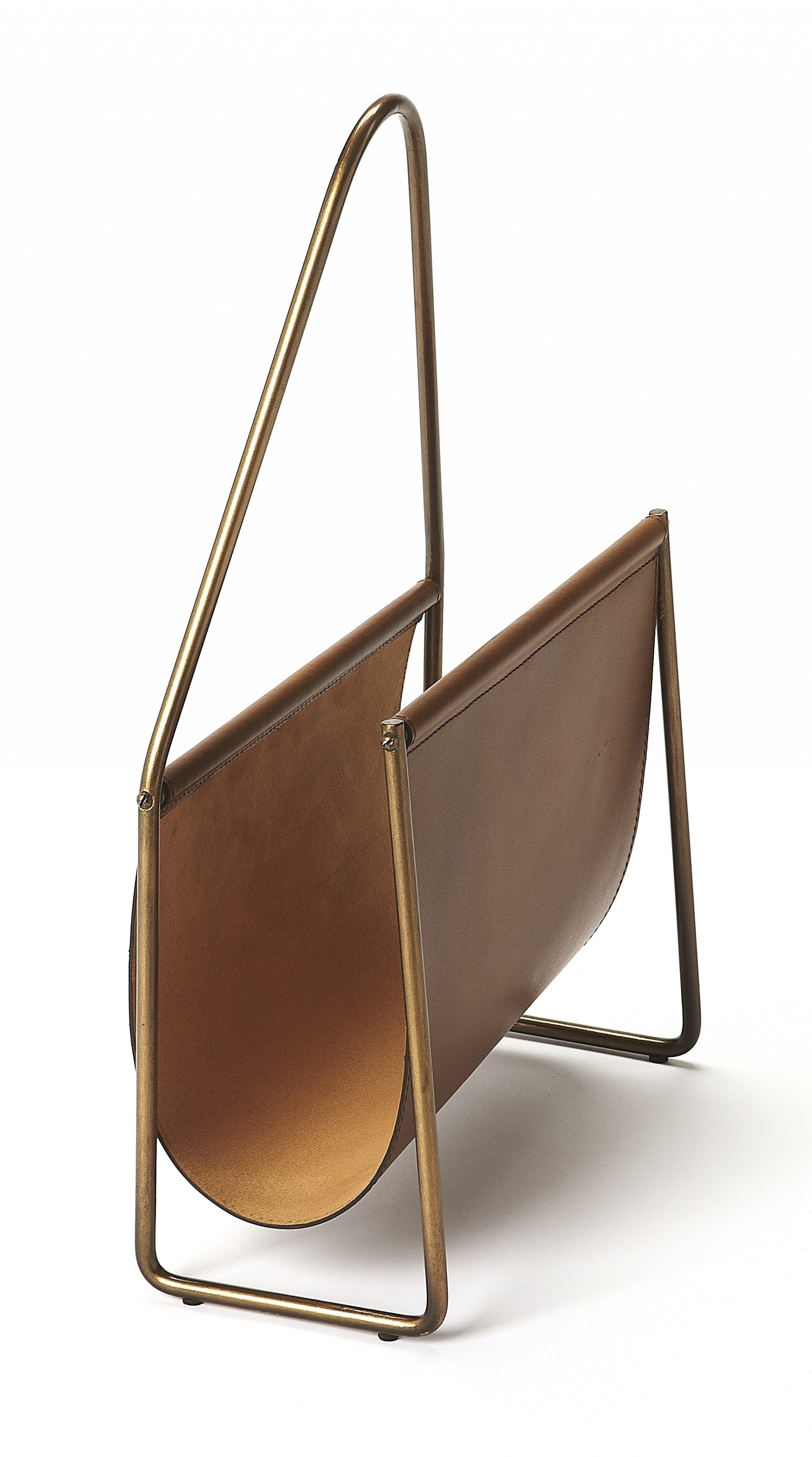 14" Brown And Gold Leather And Metal Magazine Holder-Organizers-DECOROLALA