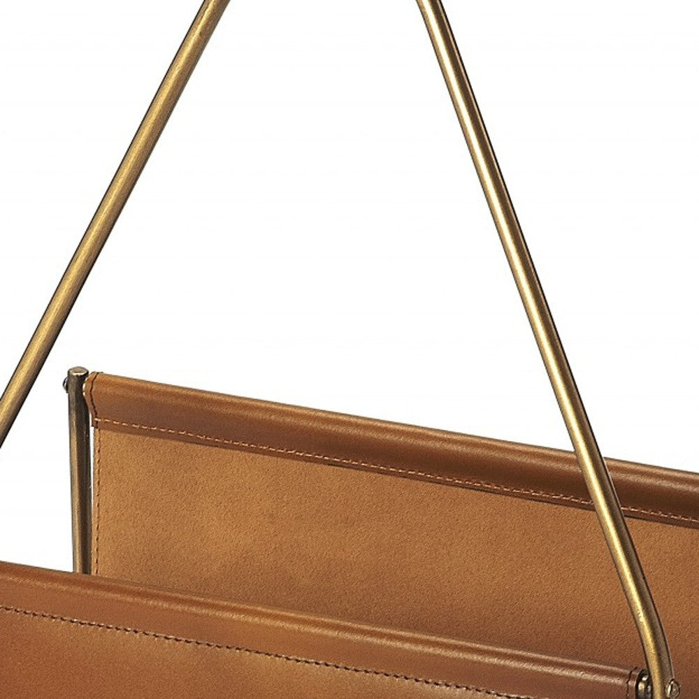 14" Brown And Gold Leather And Metal Magazine Holder-Organizers-DECOROLALA