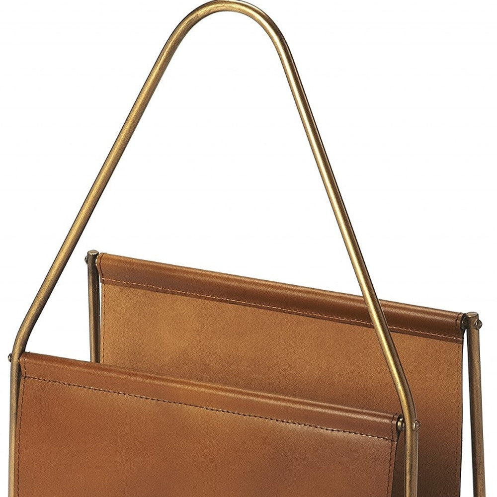 14" Brown And Gold Leather And Metal Magazine Holder-Organizers-DECOROLALA