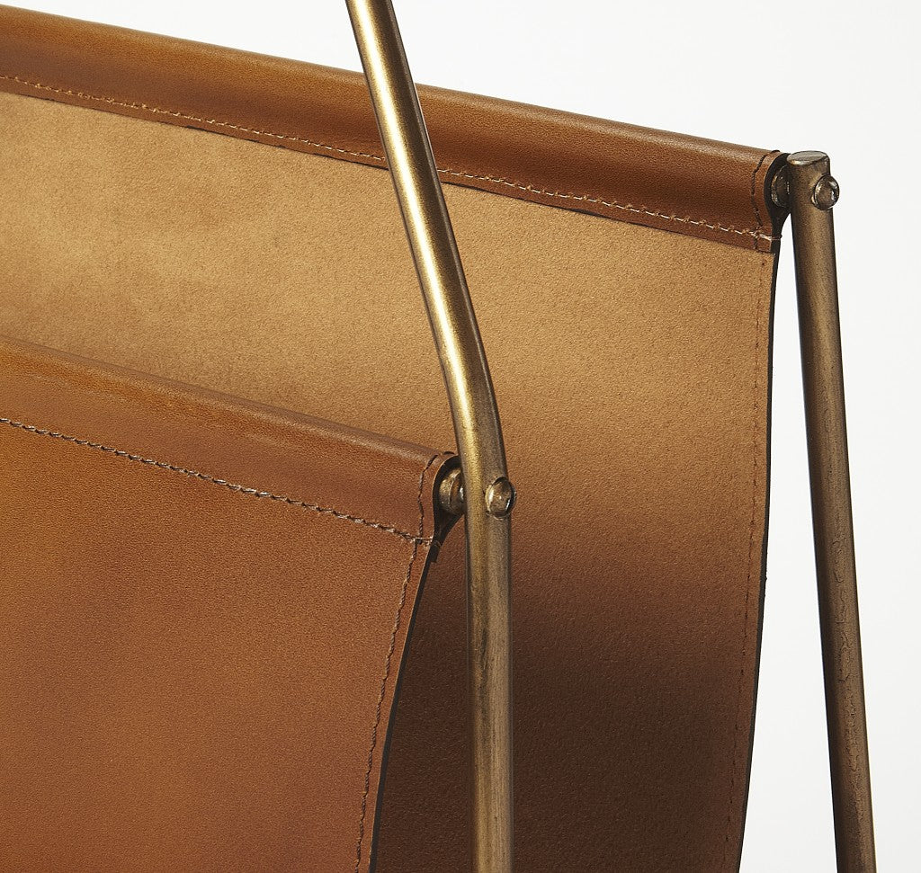 14" Brown And Gold Leather And Metal Magazine Holder-Organizers-DECOROLALA