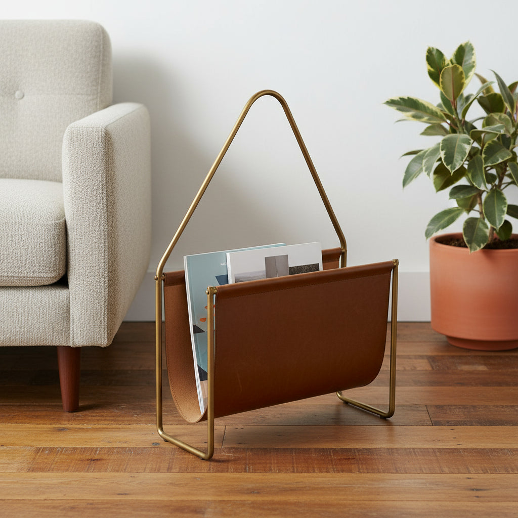 14" Brown And Gold Leather And Metal Magazine Holder-Organizers-DECOROLALA