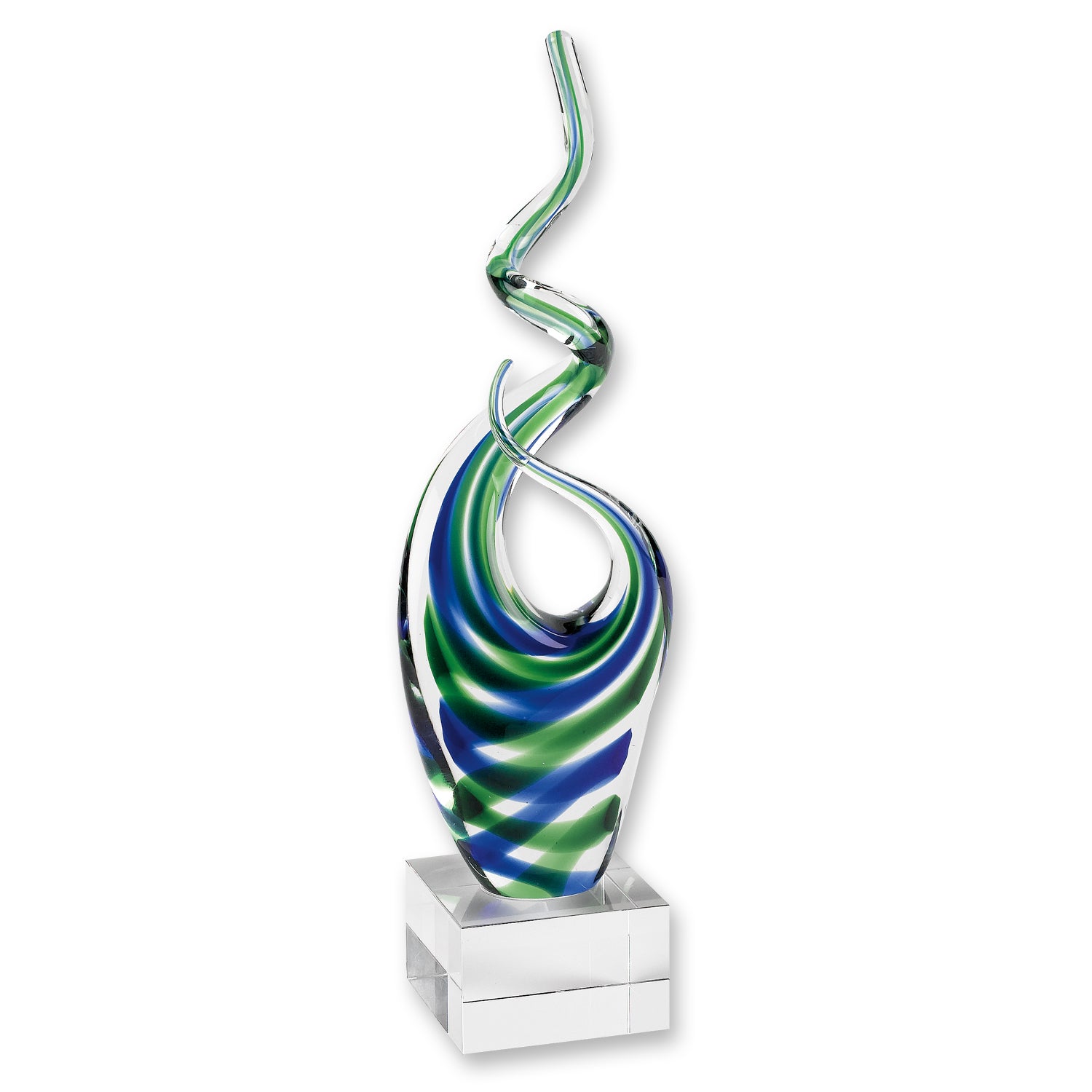 14" Clear Blue and Green Murano Glass Modern Abstract Tabletop Sculpture-Sculptures-DECOROLALA
