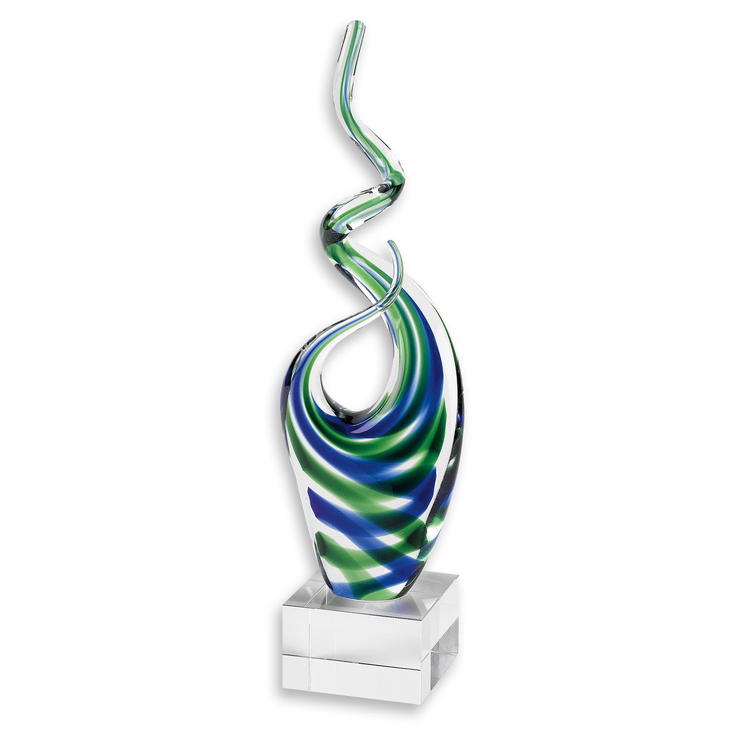 14" Clear Blue and Green Murano Glass Modern Abstract Tabletop Sculpture-Sculptures-DECOROLALA