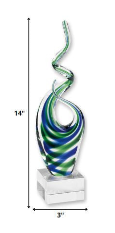 14" Clear Blue and Green Murano Glass Modern Abstract Tabletop Sculpture-Sculptures-DECOROLALA