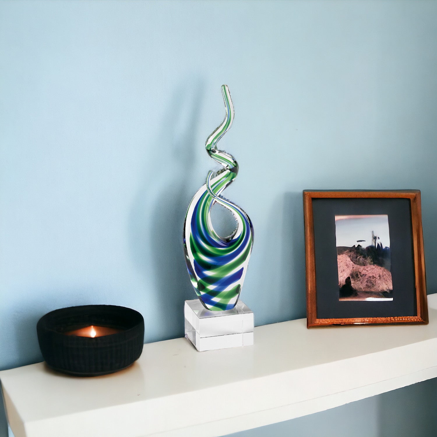 14" Clear Blue and Green Murano Glass Modern Abstract Tabletop Sculpture-Sculptures-DECOROLALA