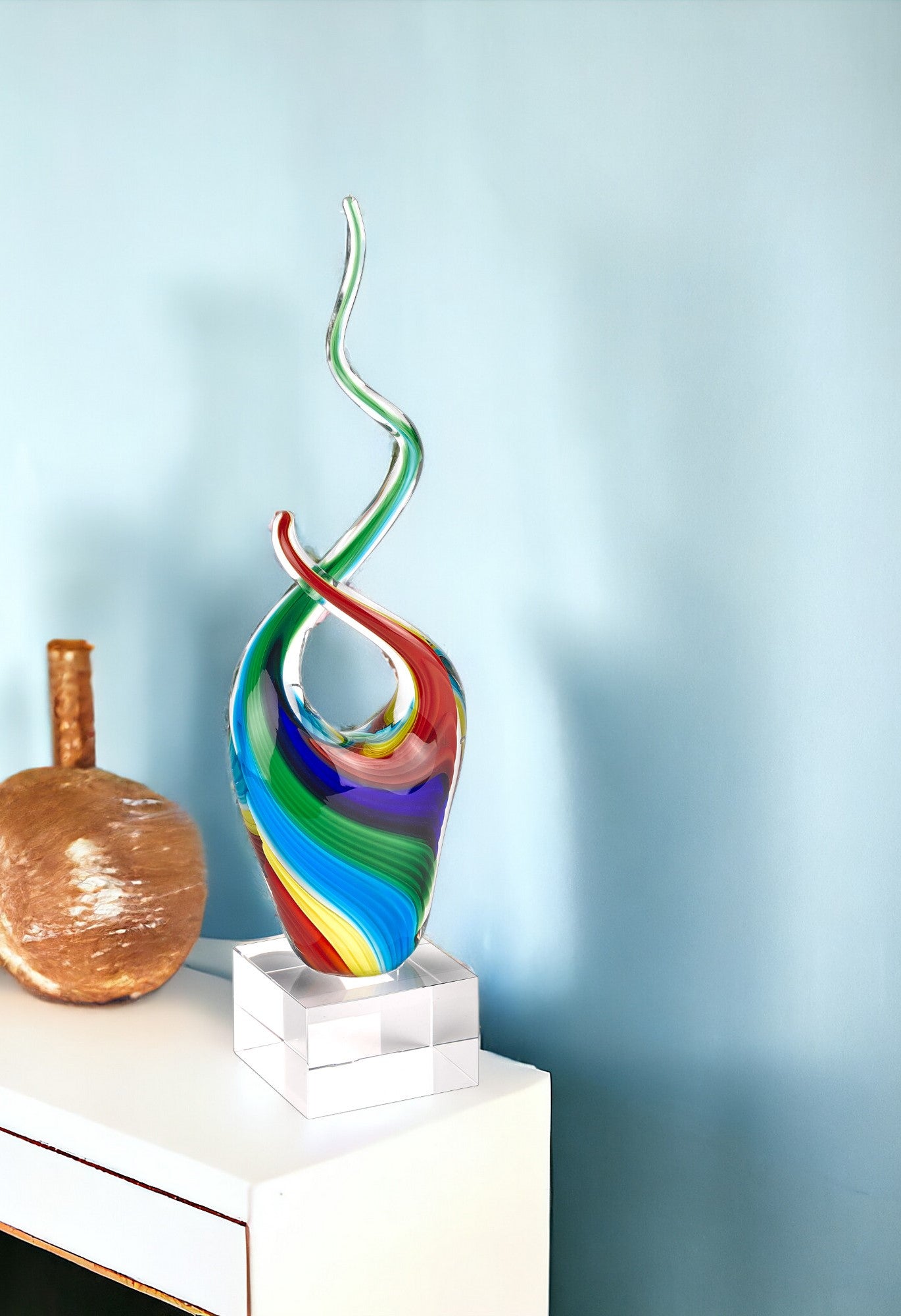 14" Clear Red Blue Yellow Murano Glass Modern Abstract Tabletop Sculpture-Sculptures-DECOROLALA