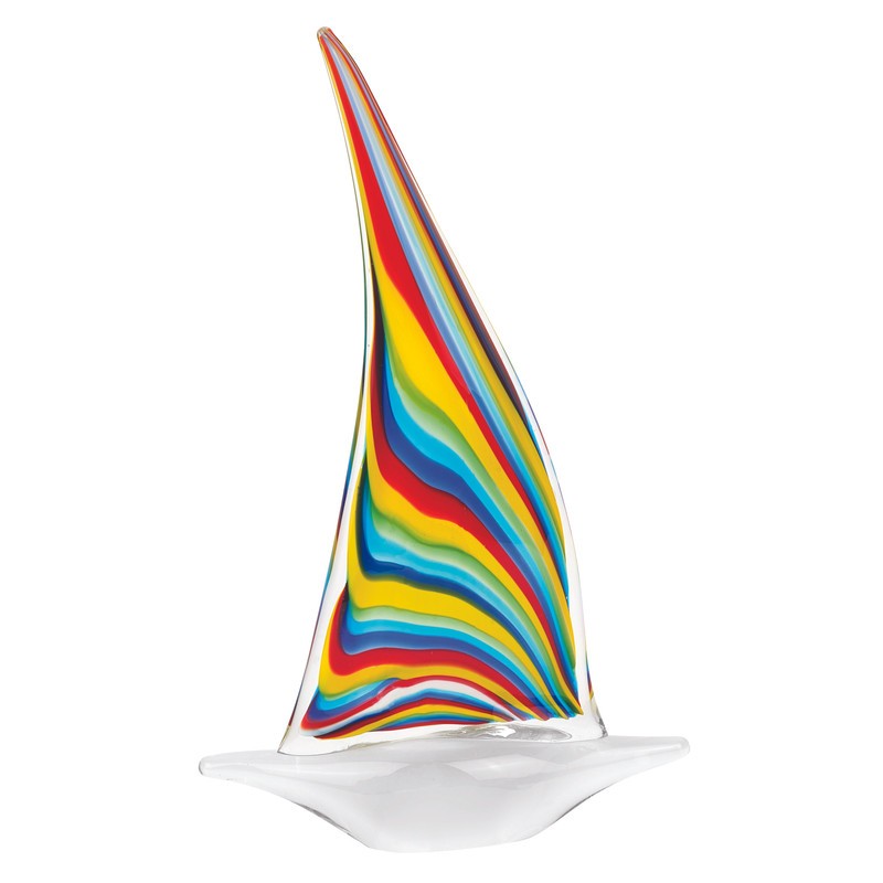 14" Clear Red Blue Yellow Murano Glass Sailboat Tabletop Sculpture-Sculptures-DECOROLALA