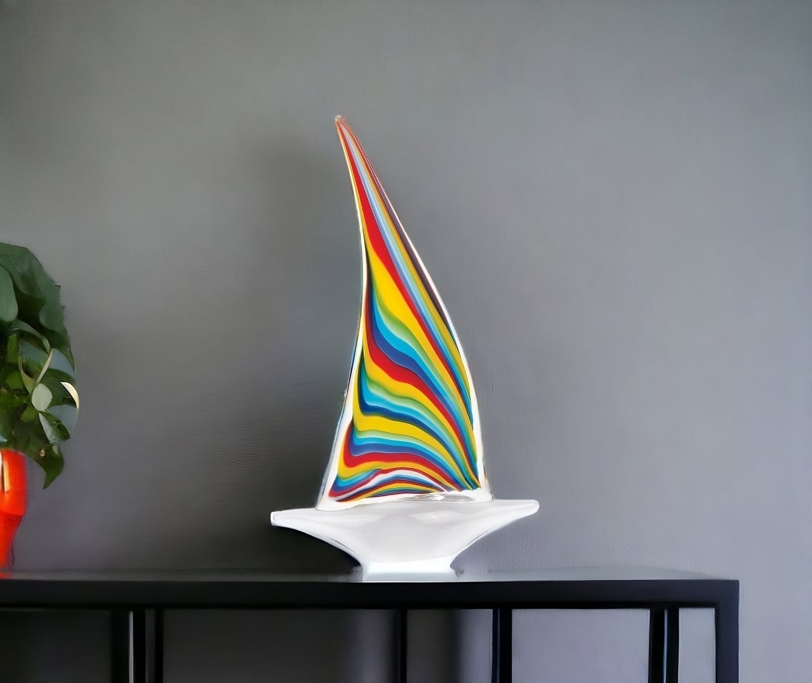 14" Clear Red Blue Yellow Murano Glass Sailboat Tabletop Sculpture-Sculptures-DECOROLALA