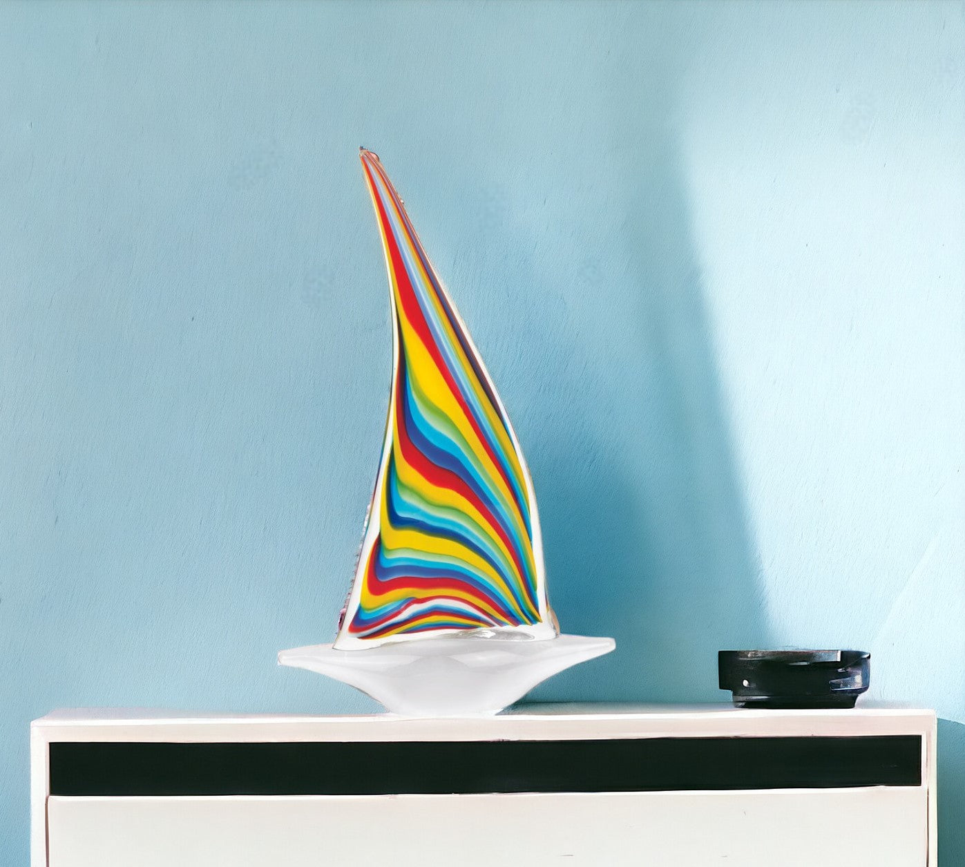 14" Clear Red Blue Yellow Murano Glass Sailboat Tabletop Sculpture-Sculptures-DECOROLALA