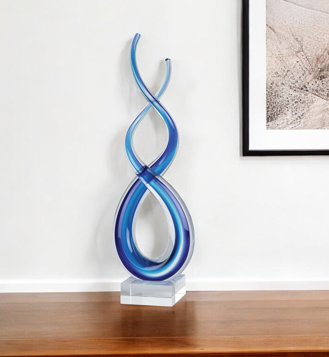 14" Clear and Blue Murano Glass Modern Abstract Tabletop Sculpture-Sculptures-DECOROLALA
