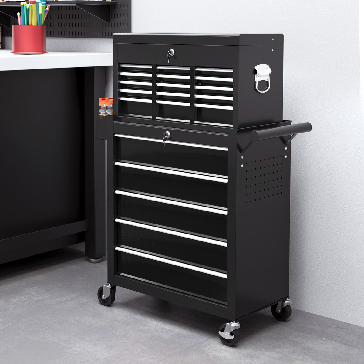 14 Drawer Rolling Tool Chest - Lockable Steel Storage Black-Home Improvement > Tools > Tool Organizers-DECOROLALA