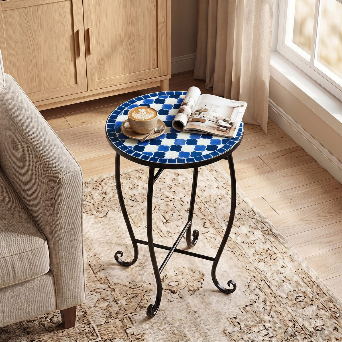 14" Floral Clover/Blooming Lotus/Bright Sunflower Mosaic Patio Accent Coffee End Table-Blue-Patio Coffee Tables-DECOROLALA