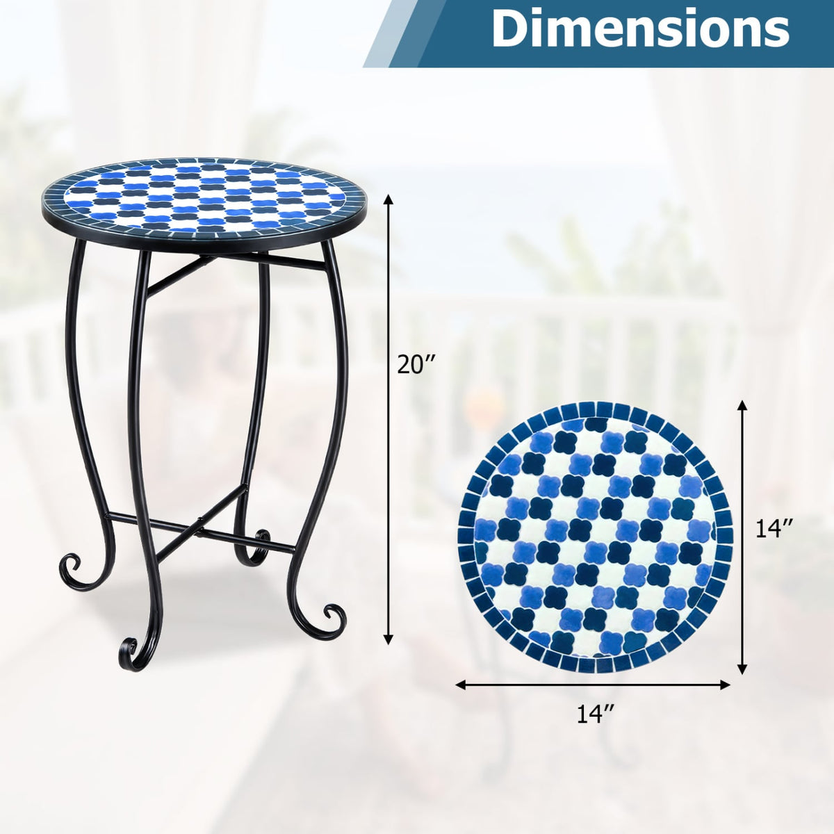 14" Floral Clover/Blooming Lotus/Bright Sunflower Mosaic Patio Accent Coffee End Table-Blue-Patio Coffee Tables-DECOROLALA