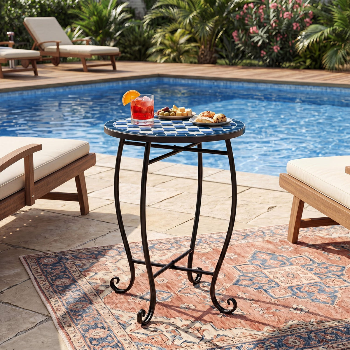 14" Floral Clover/Blooming Lotus/Bright Sunflower Mosaic Patio Accent Coffee End Table-Blue-Patio Coffee Tables-DECOROLALA