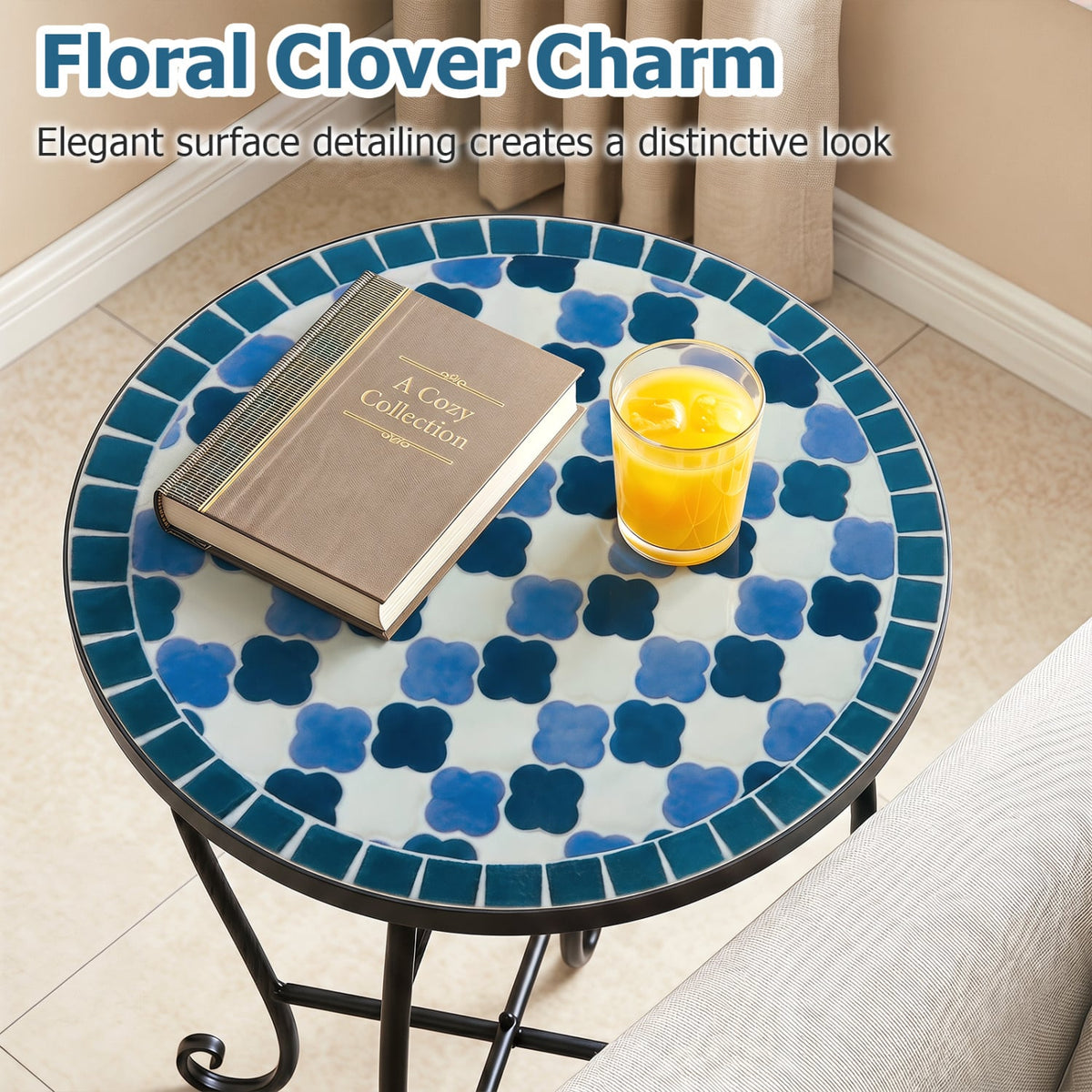 14" Floral Clover/Blooming Lotus/Bright Sunflower Mosaic Patio Accent Coffee End Table-Blue-Patio Coffee Tables-DECOROLALA