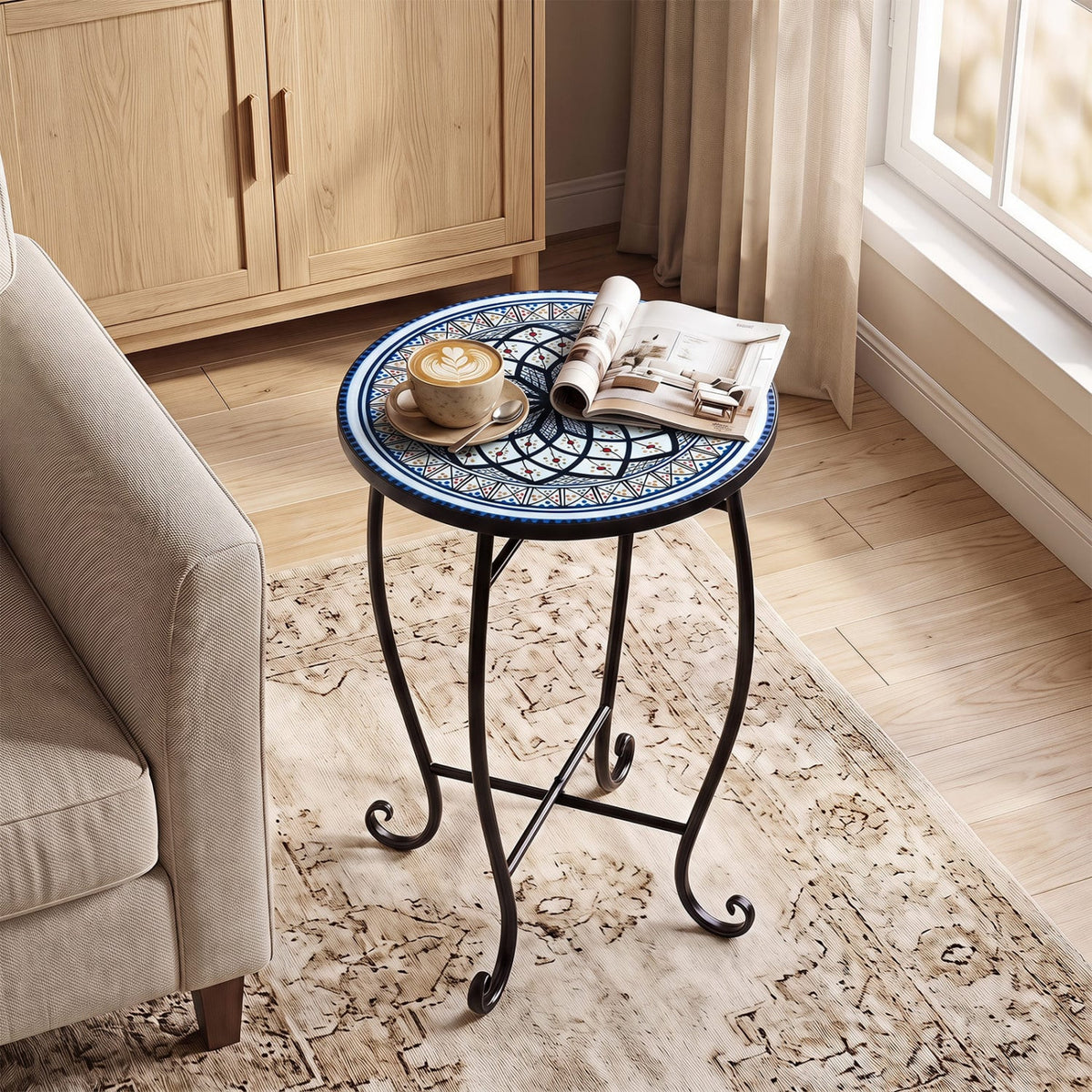 14" Floral Clover/Blooming Lotus/Bright Sunflower Mosaic Patio Accent Coffee End Table-White-Patio Coffee Tables-DECOROLALA