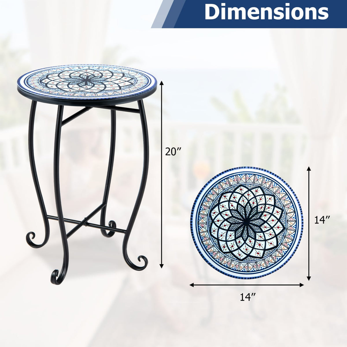 14" Floral Clover/Blooming Lotus/Bright Sunflower Mosaic Patio Accent Coffee End Table-White-Patio Coffee Tables-DECOROLALA