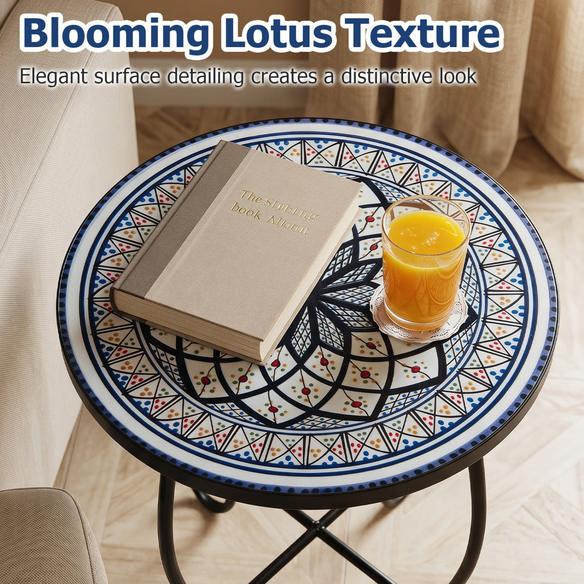 14" Floral Clover/Blooming Lotus/Bright Sunflower Mosaic Patio Accent Coffee End Table-White-Patio Coffee Tables-DECOROLALA