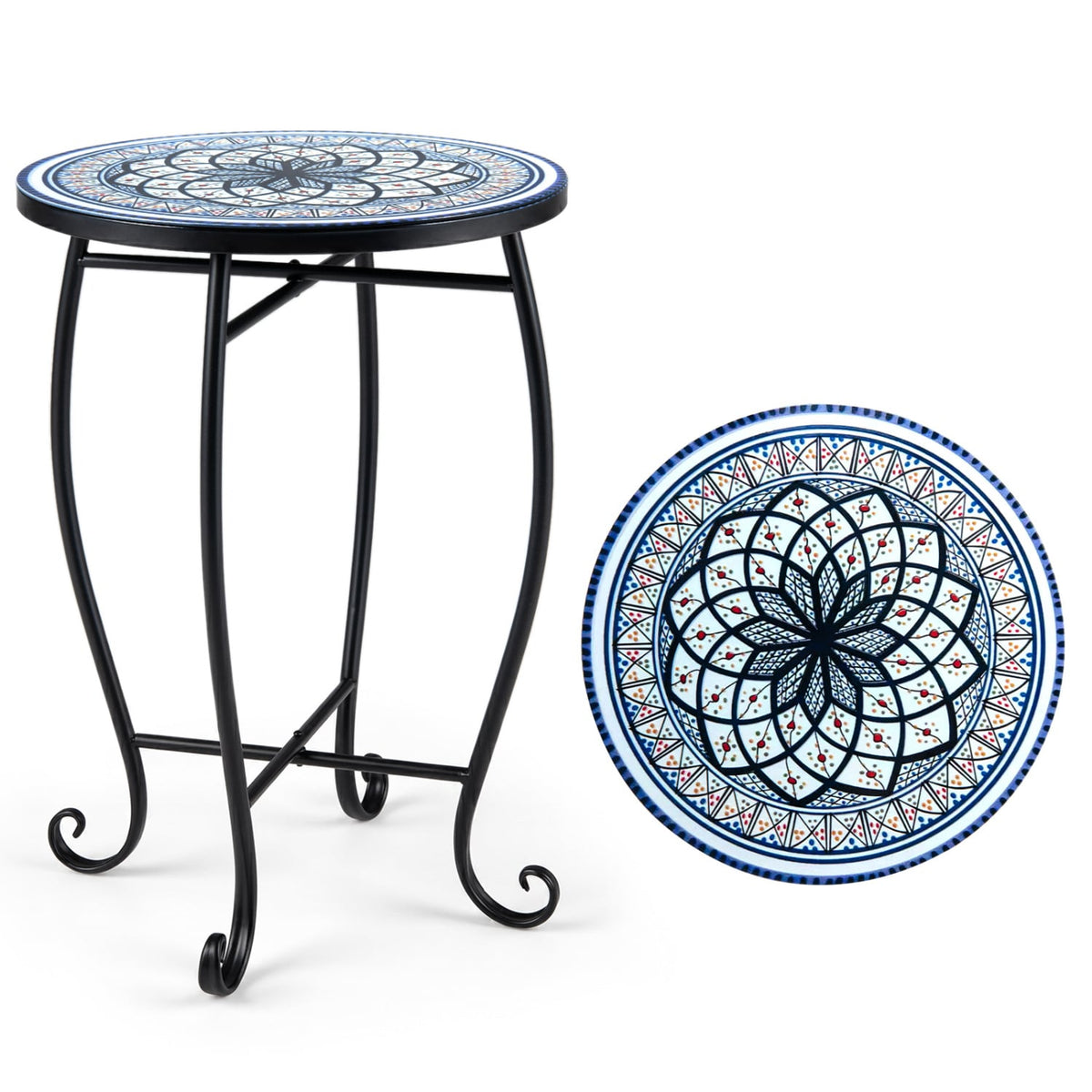 14" Floral Clover/Blooming Lotus/Bright Sunflower Mosaic Patio Accent Coffee End Table-White-Patio Coffee Tables-DECOROLALA