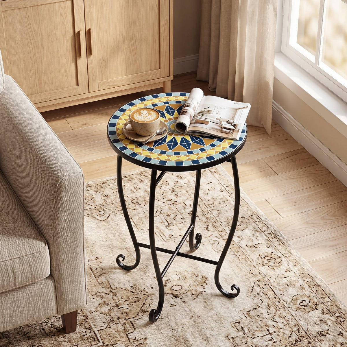 14" Floral Clover/Blooming Lotus/Bright Sunflower Mosaic Patio Accent Coffee End Table-Yellow-Patio Coffee Tables-DECOROLALA