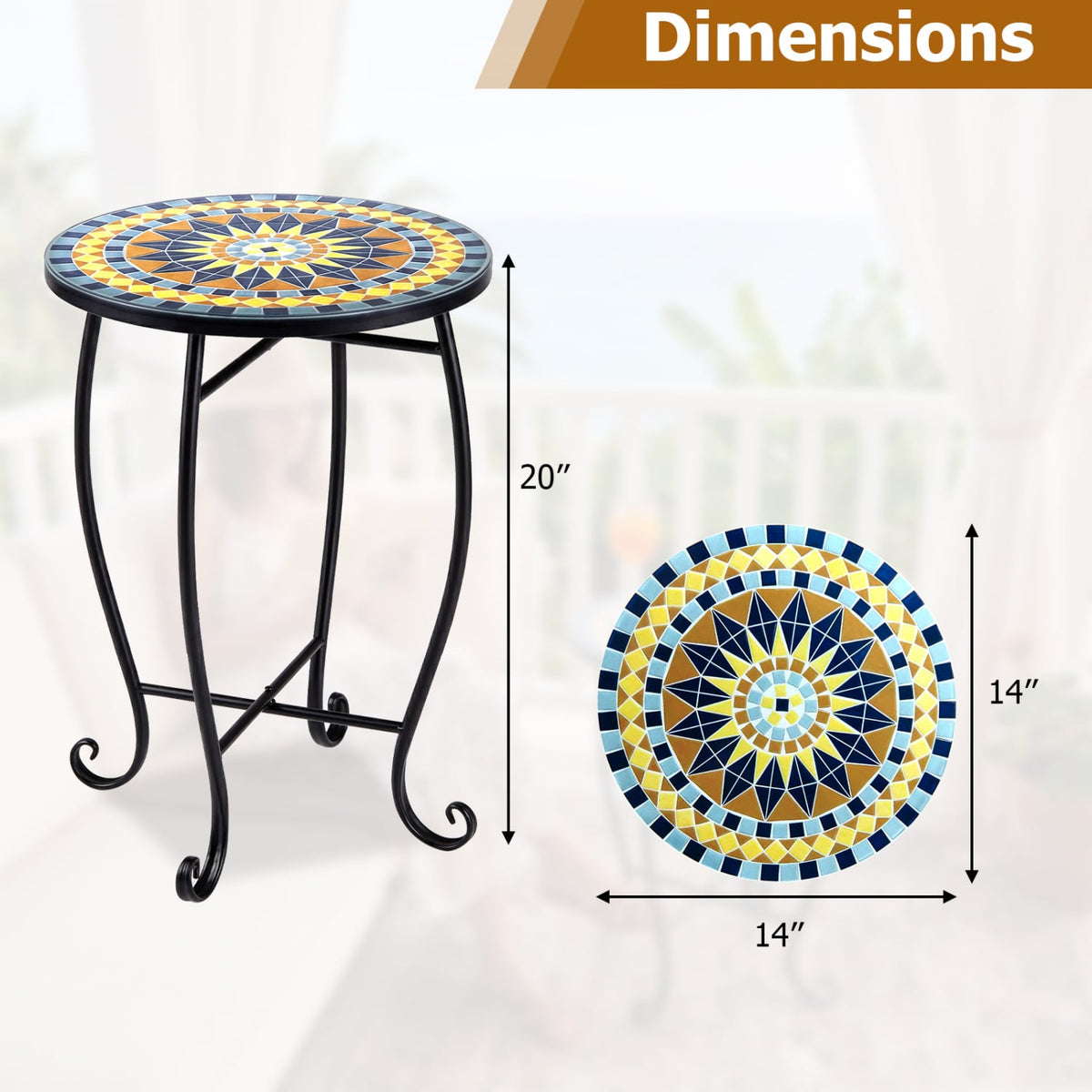 14" Floral Clover/Blooming Lotus/Bright Sunflower Mosaic Patio Accent Coffee End Table-Yellow-Patio Coffee Tables-DECOROLALA