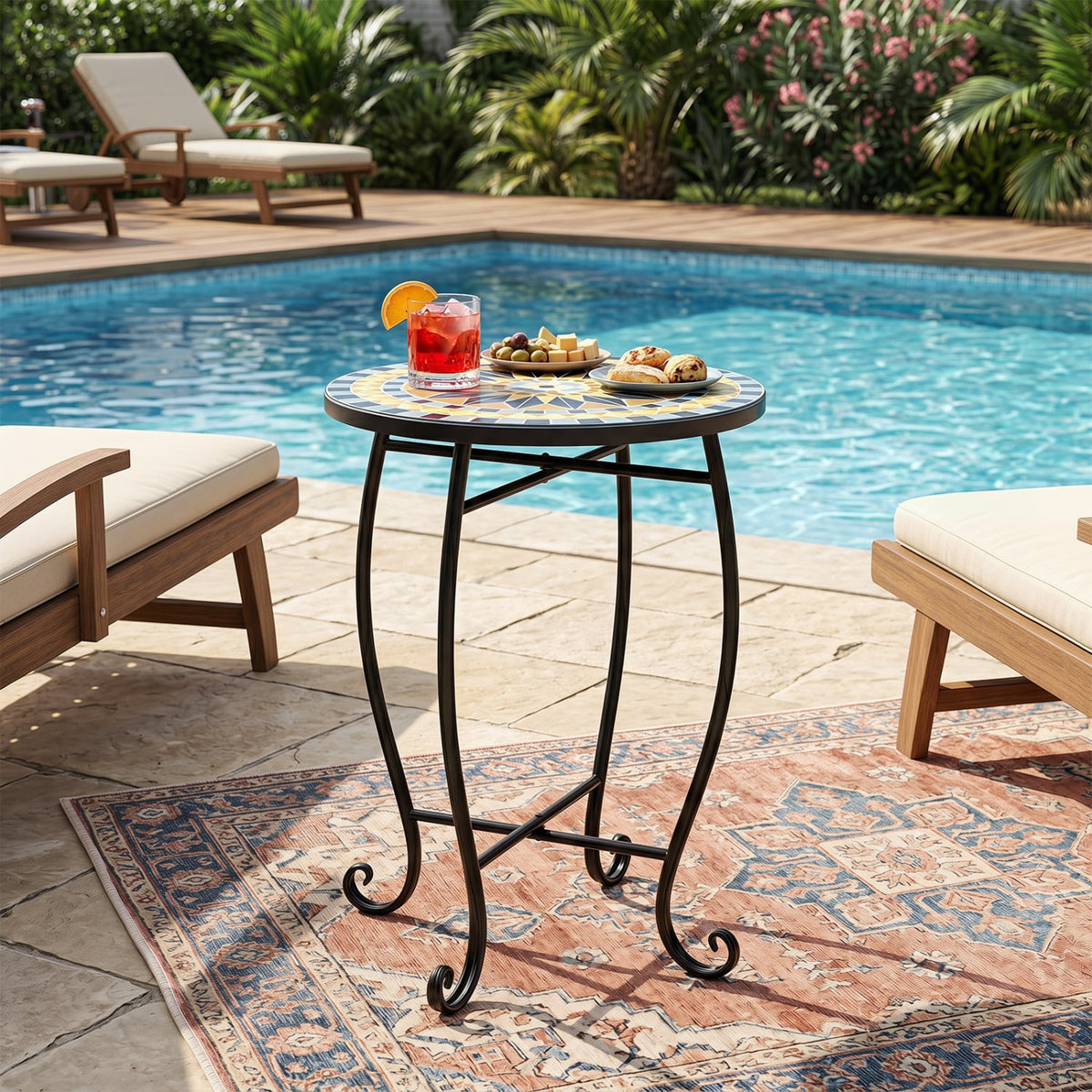 14" Floral Clover/Blooming Lotus/Bright Sunflower Mosaic Patio Accent Coffee End Table-Yellow-Patio Coffee Tables-DECOROLALA
