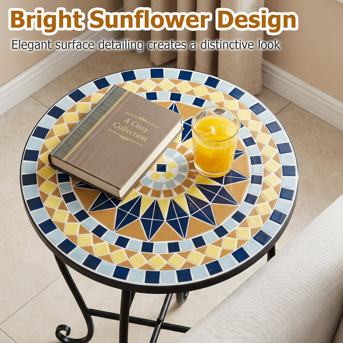 14" Floral Clover/Blooming Lotus/Bright Sunflower Mosaic Patio Accent Coffee End Table-Yellow-Patio Coffee Tables-DECOROLALA