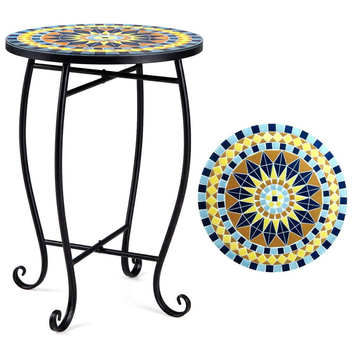 14" Floral Clover/Blooming Lotus/Bright Sunflower Mosaic Patio Accent Coffee End Table-Yellow-Patio Coffee Tables-DECOROLALA