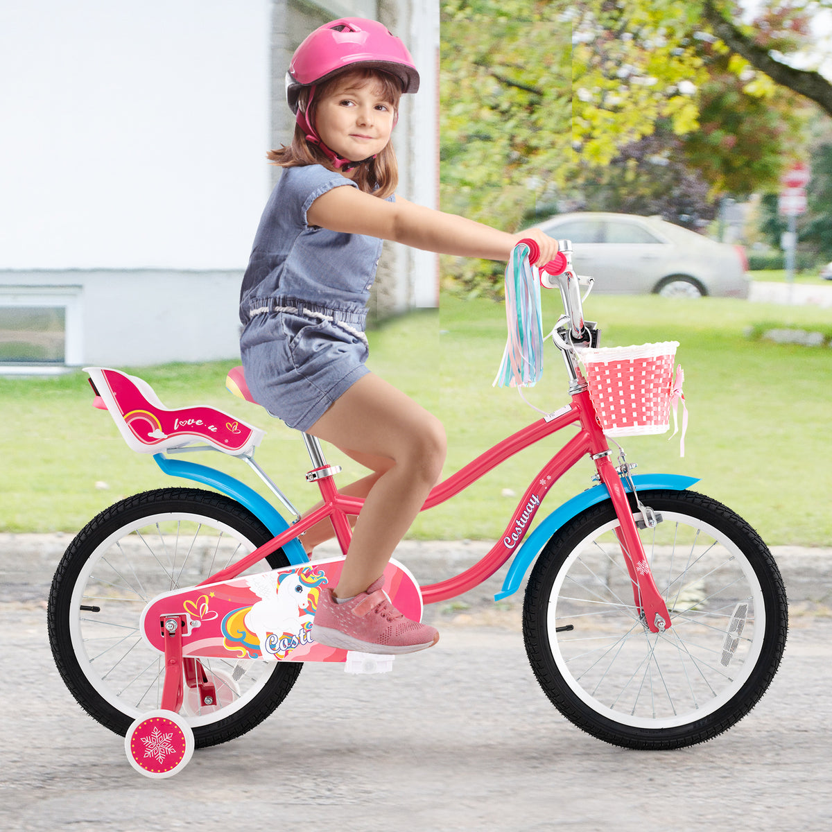 14" Girls Bike for 3-5 Years Old with Training Wheels and Doll Seat-Kids Bike-DECOROLALA