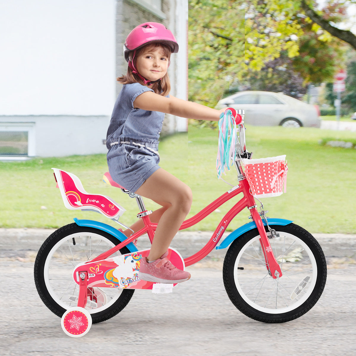 14" Girls Bike for 3-5 Years Old with Training Wheels and Doll Seat-Kids Bike-DECOROLALA