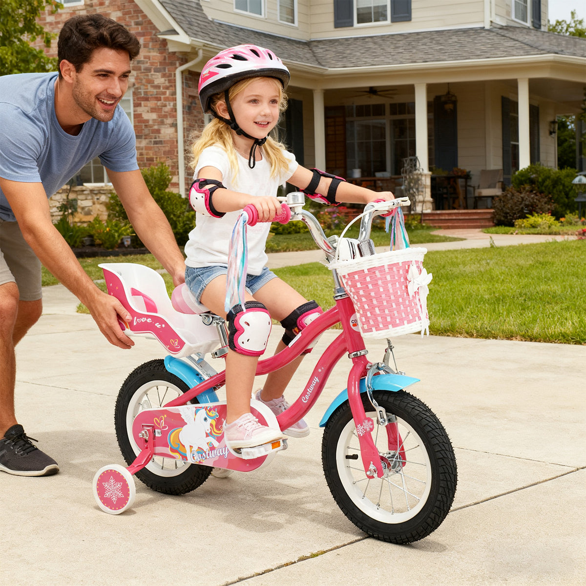 14" Girls Bike for 3-5 Years Old with Training Wheels and Doll Seat-Kids Bike-DECOROLALA