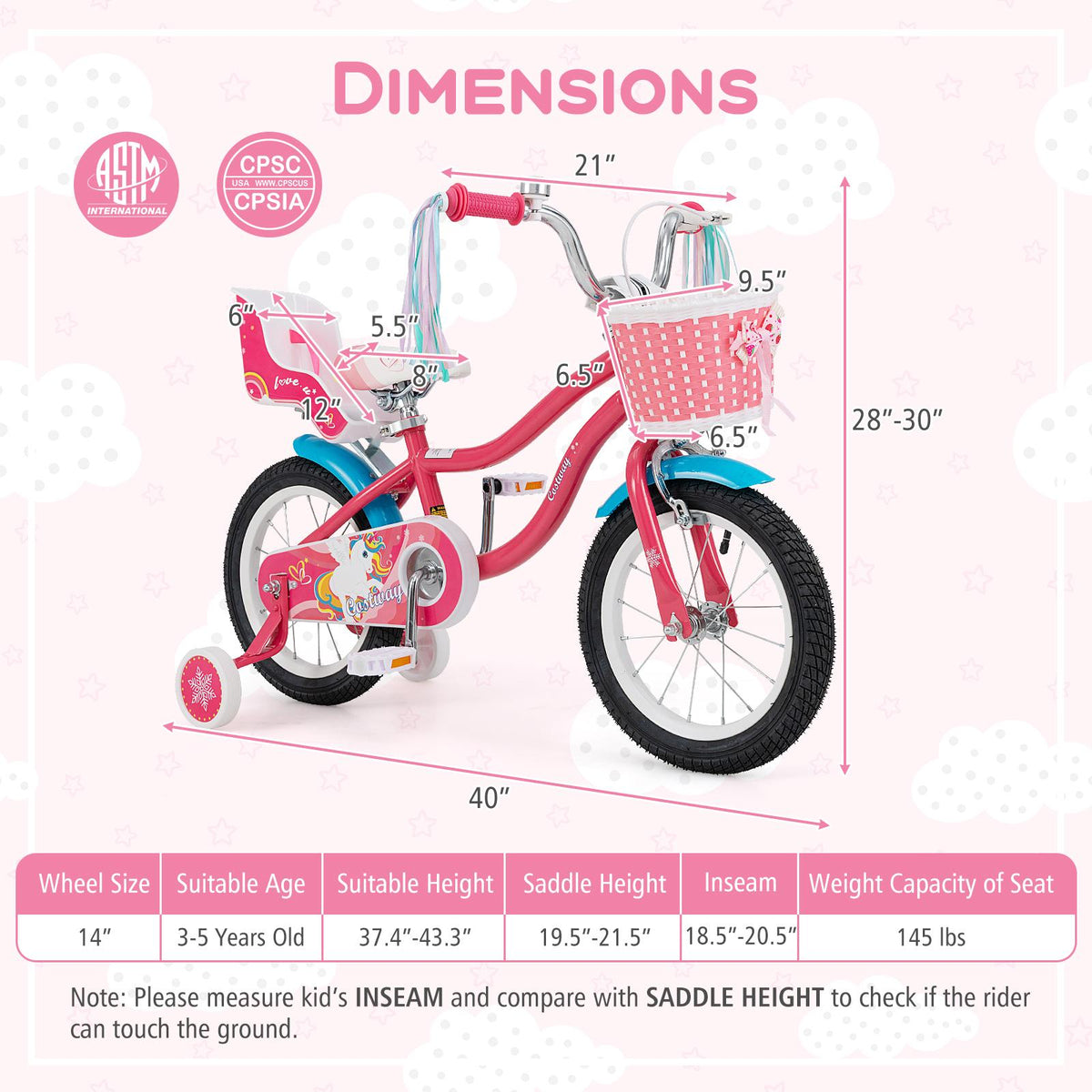 14" Girls Bike for 3-5 Years Old with Training Wheels and Doll Seat-Kids Bike-DECOROLALA