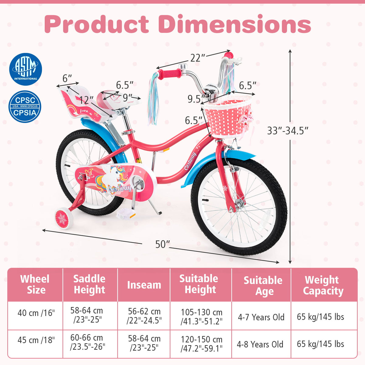 14" Girls Bike for 3-5 Years Old with Training Wheels and Doll Seat-Kids Bike-DECOROLALA