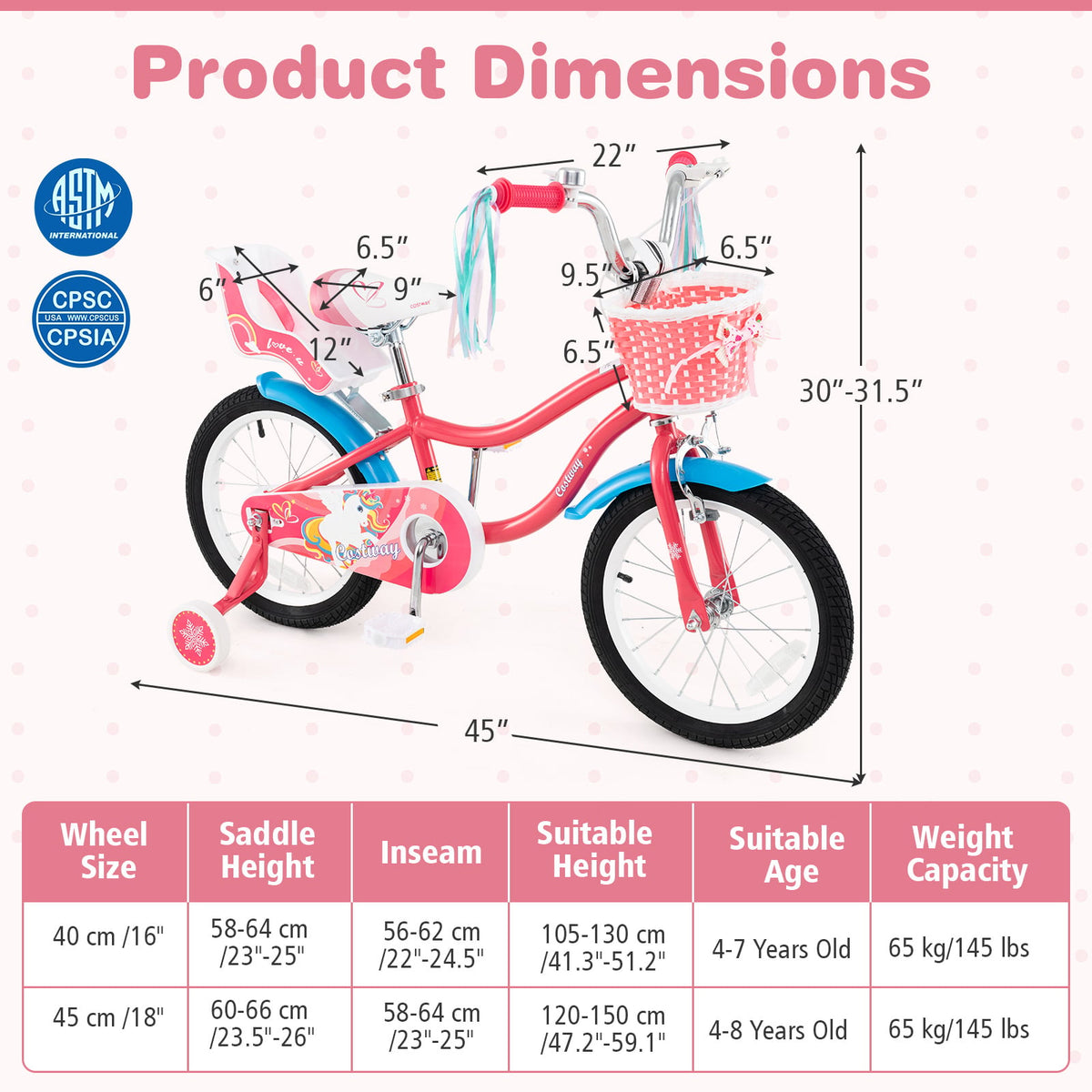 14" Girls Bike for 3-5 Years Old with Training Wheels and Doll Seat-Kids Bike-DECOROLALA
