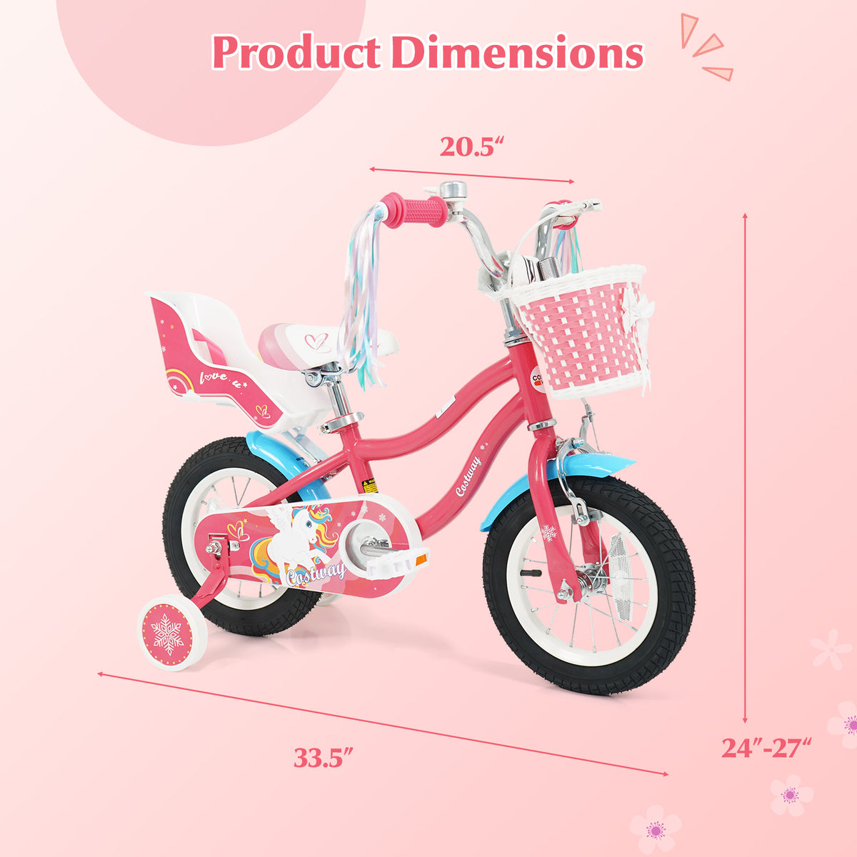 14" Girls Bike for 3-5 Years Old with Training Wheels and Doll Seat-Kids Bike-DECOROLALA