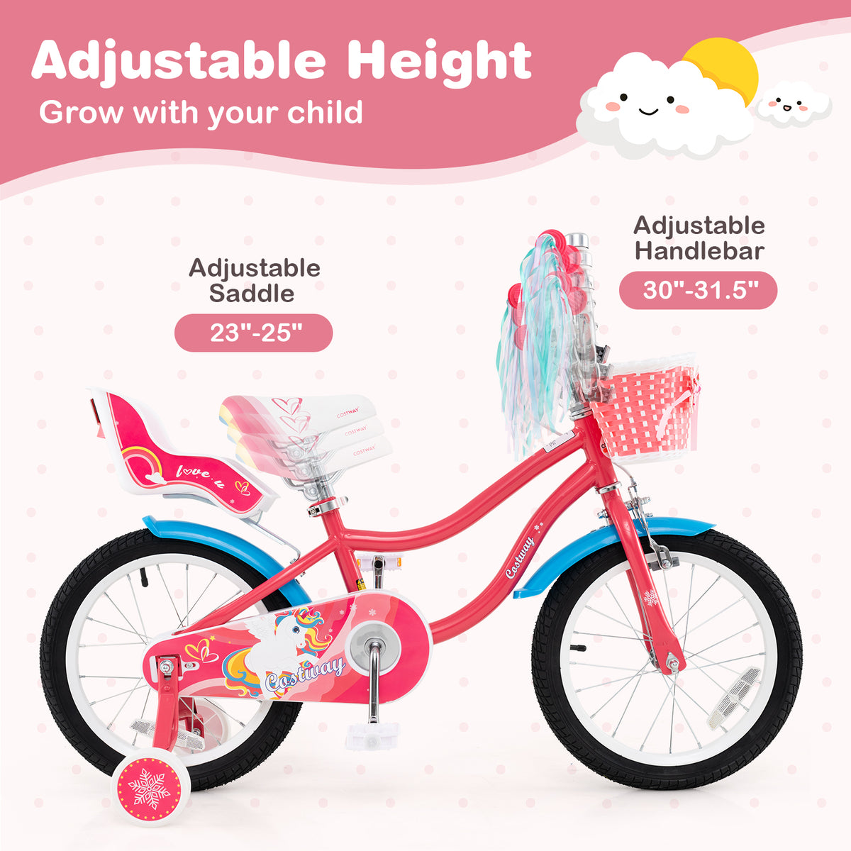 14" Girls Bike for 3-5 Years Old with Training Wheels and Doll Seat-Kids Bike-DECOROLALA