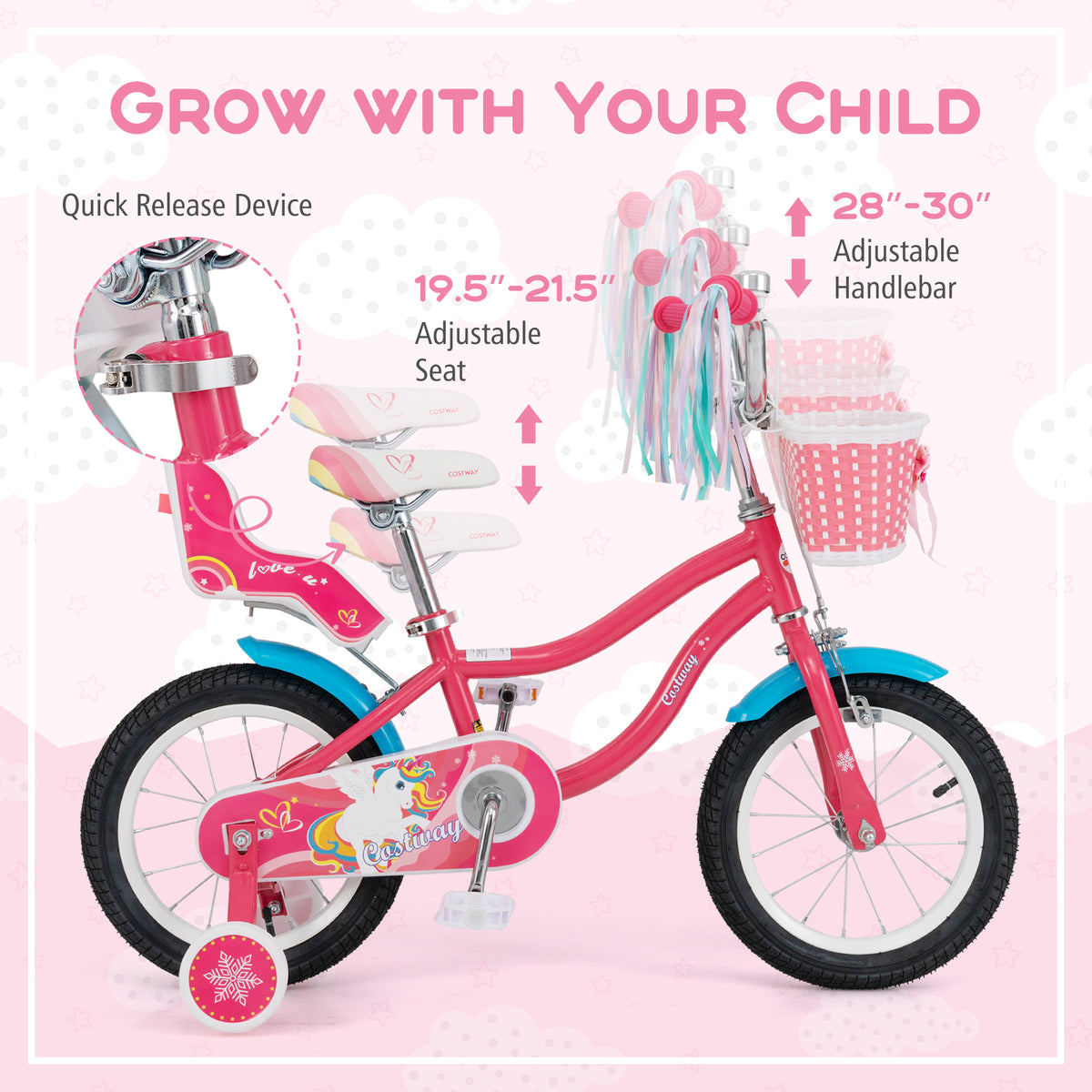 14" Girls Bike for 3-5 Years Old with Training Wheels and Doll Seat-Kids Bike-DECOROLALA